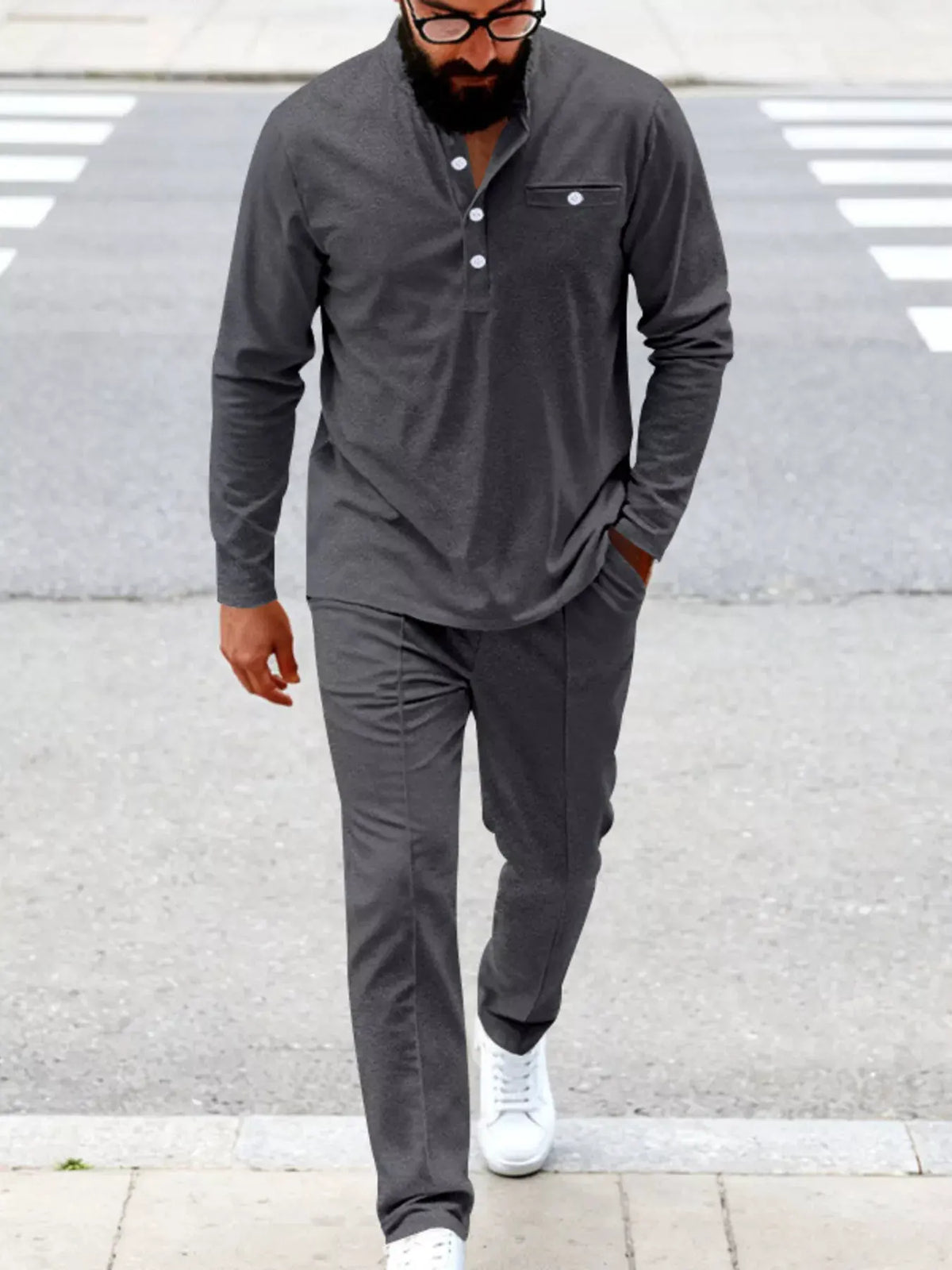 Men's Full Size Casual Long Sleeve Henley Top and Drawstring Joggers Set Plus Size by Trendsi