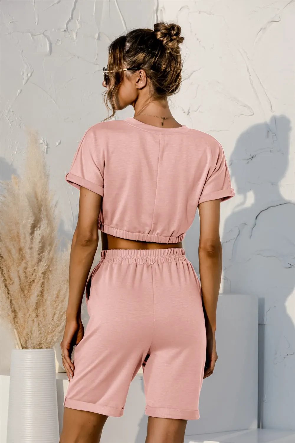 Short Sleeve Cropped Top and Drawstring Shorts Lounge Set by Partner Label