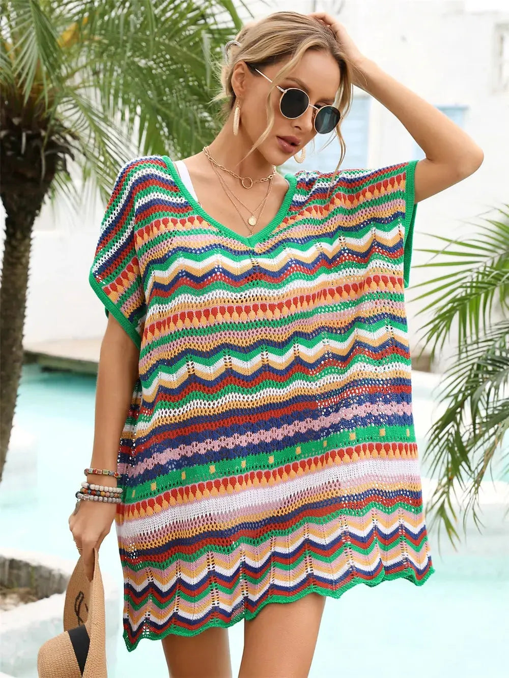 Angel Wings Rainbow Stripe Scalloped V-Neck Cover-Up Dress by Angel Wings
