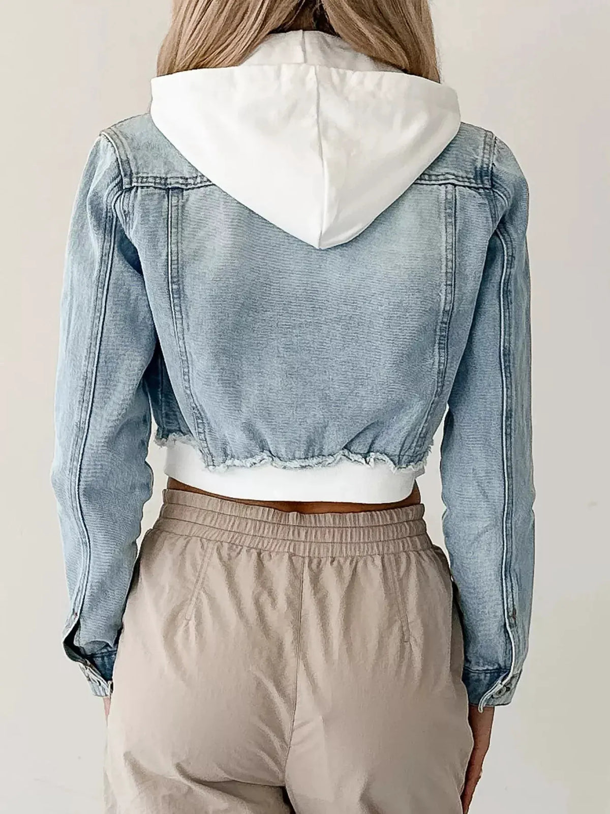 Distressed Zip Up Cropped Hooded Denim Jacket by Partner Label