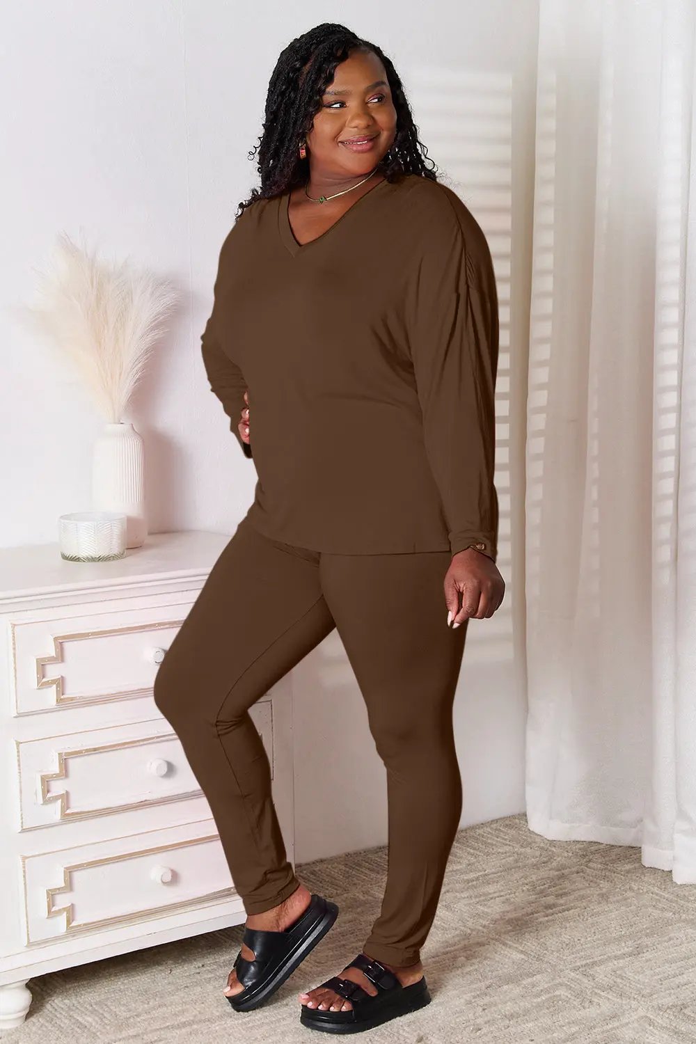 Basic Bae Full Size V-Neck Soft Rayon Long Sleeve Top and Pants Lounge Set by Basic Bae