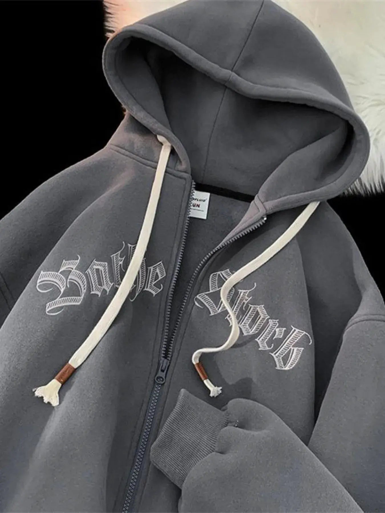 Men's Plus Size Letter Zip Up Drawstring Hoodie by Trendsi