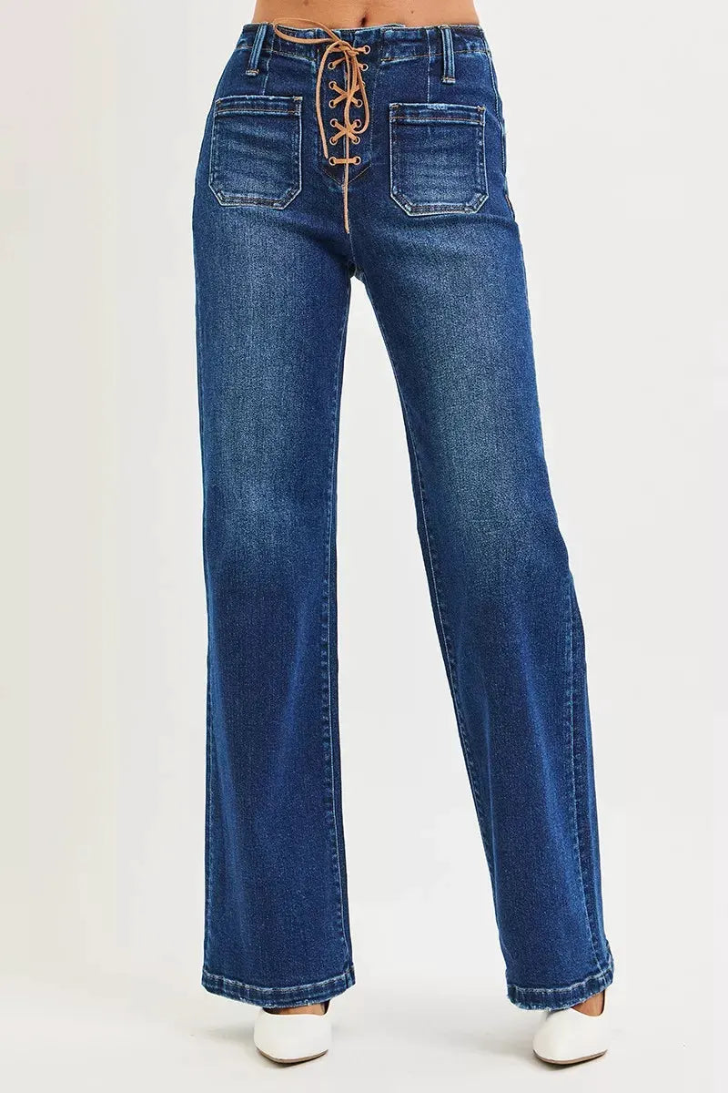 RISEN Full Size High Rise Wide Leg Jeans with Front Tie Detail Plus Size by RISEN