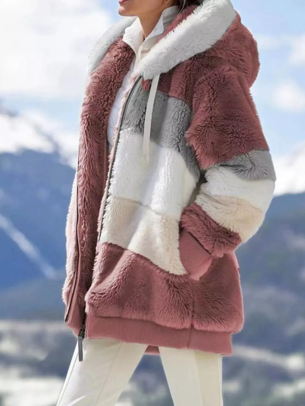 Full Size Fuzzy Zip Up Hooded Outerwear Plus Size | Partner Labels Selection by Partner Label