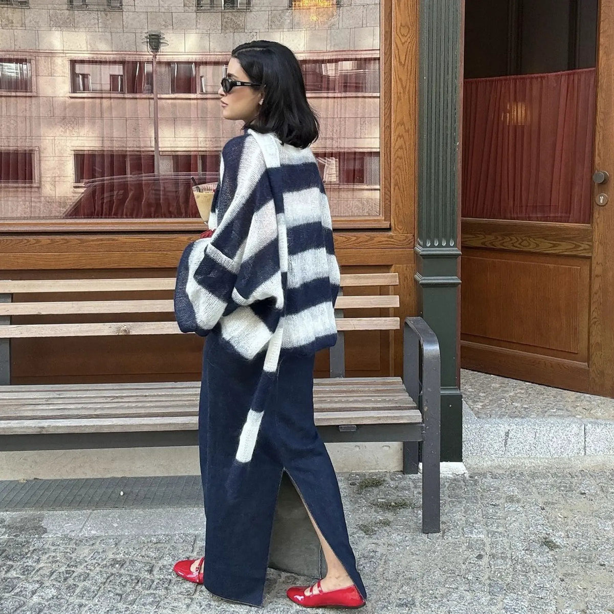 Loose And Idle Striped Sweater Cardigan With Scarf by Maiden-Art