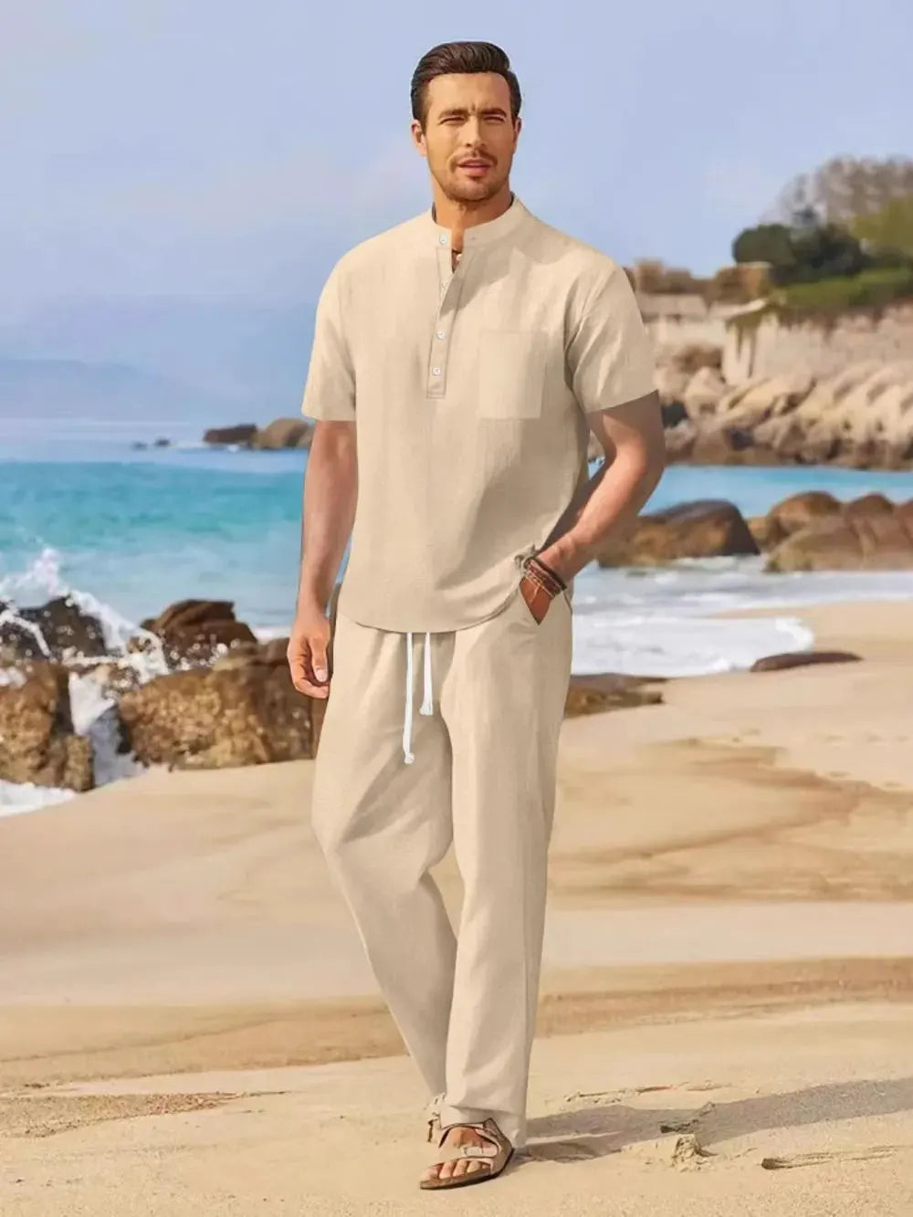 Men's Full Size Half Button Top and Drawstring Pants Set Plus Size by Trendsi