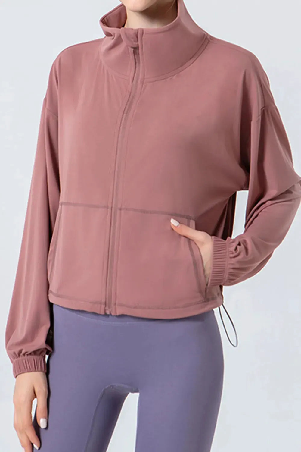 Drawstring Zip Up Dropped Shoulder Active Outerwear by Partner Label