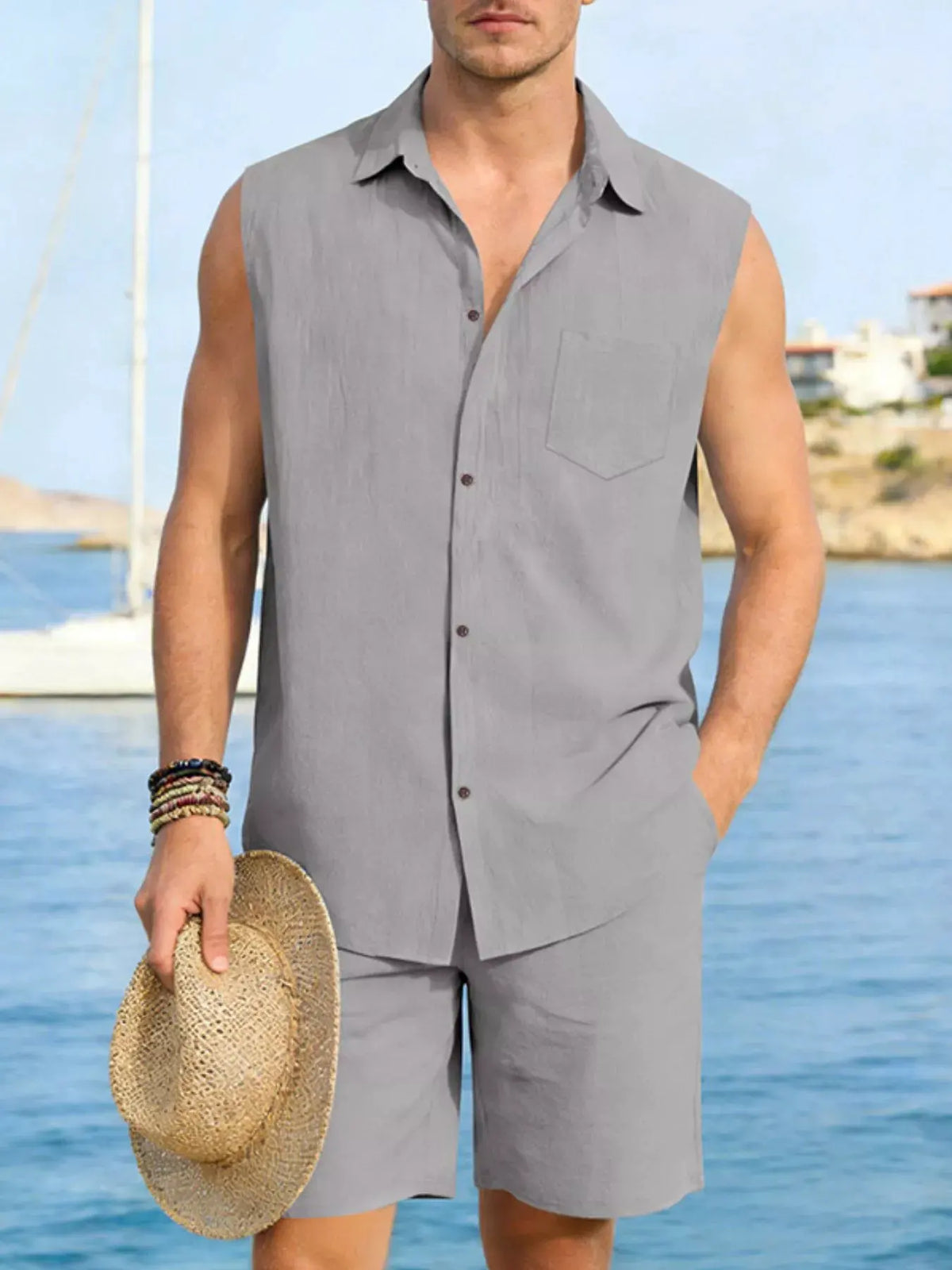Men's Full Size Button Up Sleeveless Top and Shorts Plus Size by Trendsi