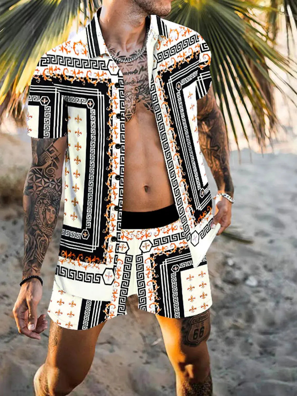 Men's Full Size Printed Collared Neck Short Sleeve Top and Shorts Set Plus Size by Trendsi