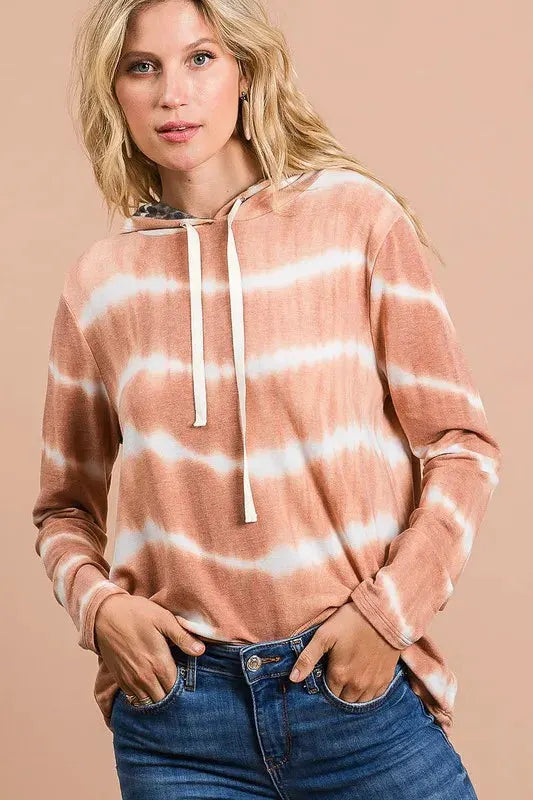 BiBi Tie Dye Stripe Terry Drawstring Hoodie With Leopard by BiBi