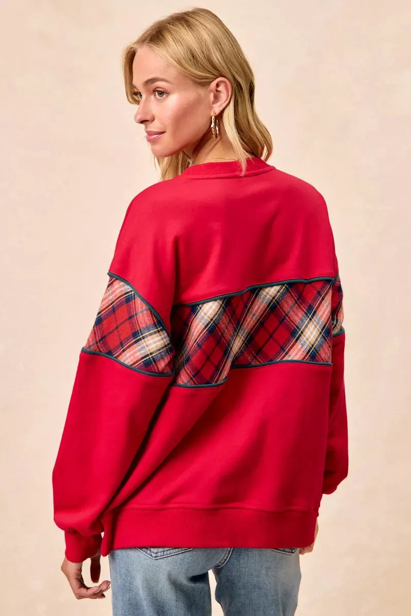 BiBi Christmas Theme Plaid Block Sweatshirt with Binding by BiBi