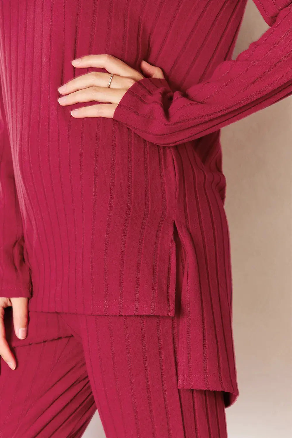 Basic Bae Full Size Ribbed Round Neck High-Low Slit Top and Pants Set by Basic Bae