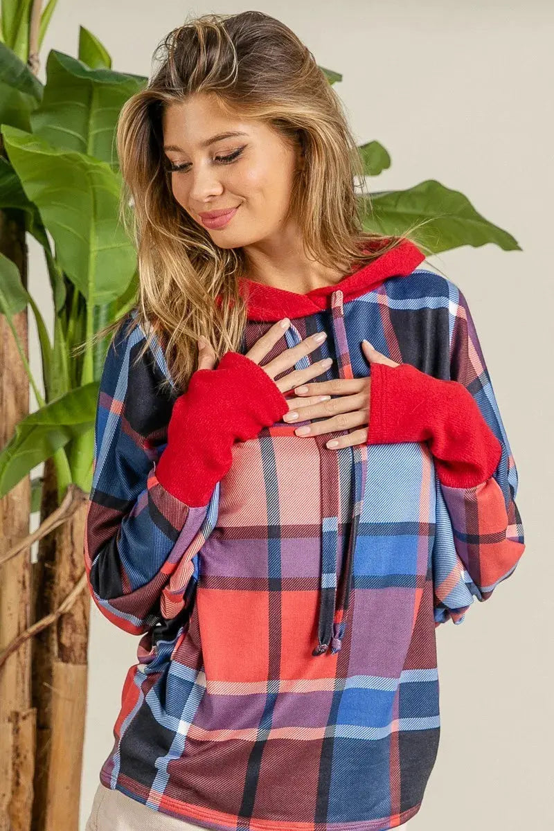 BiBi Plaid Mirr Brushed Rib Contrast Thumb Open Hoodie by BiBi