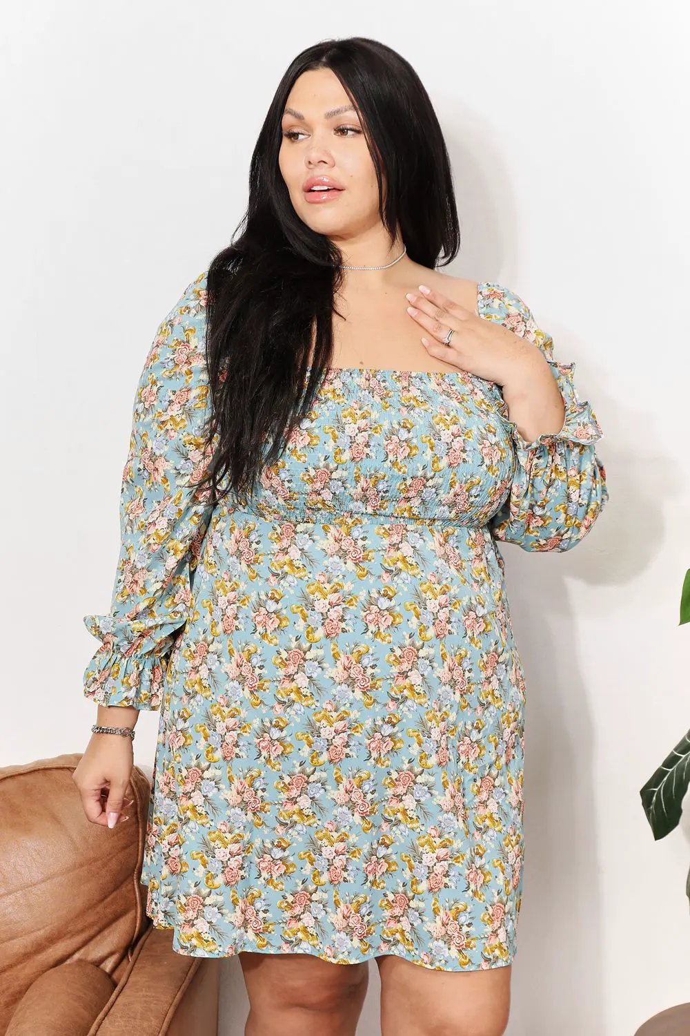 Honey Floral Smocked Flounce Sleeve Square Neck Dress by Honey