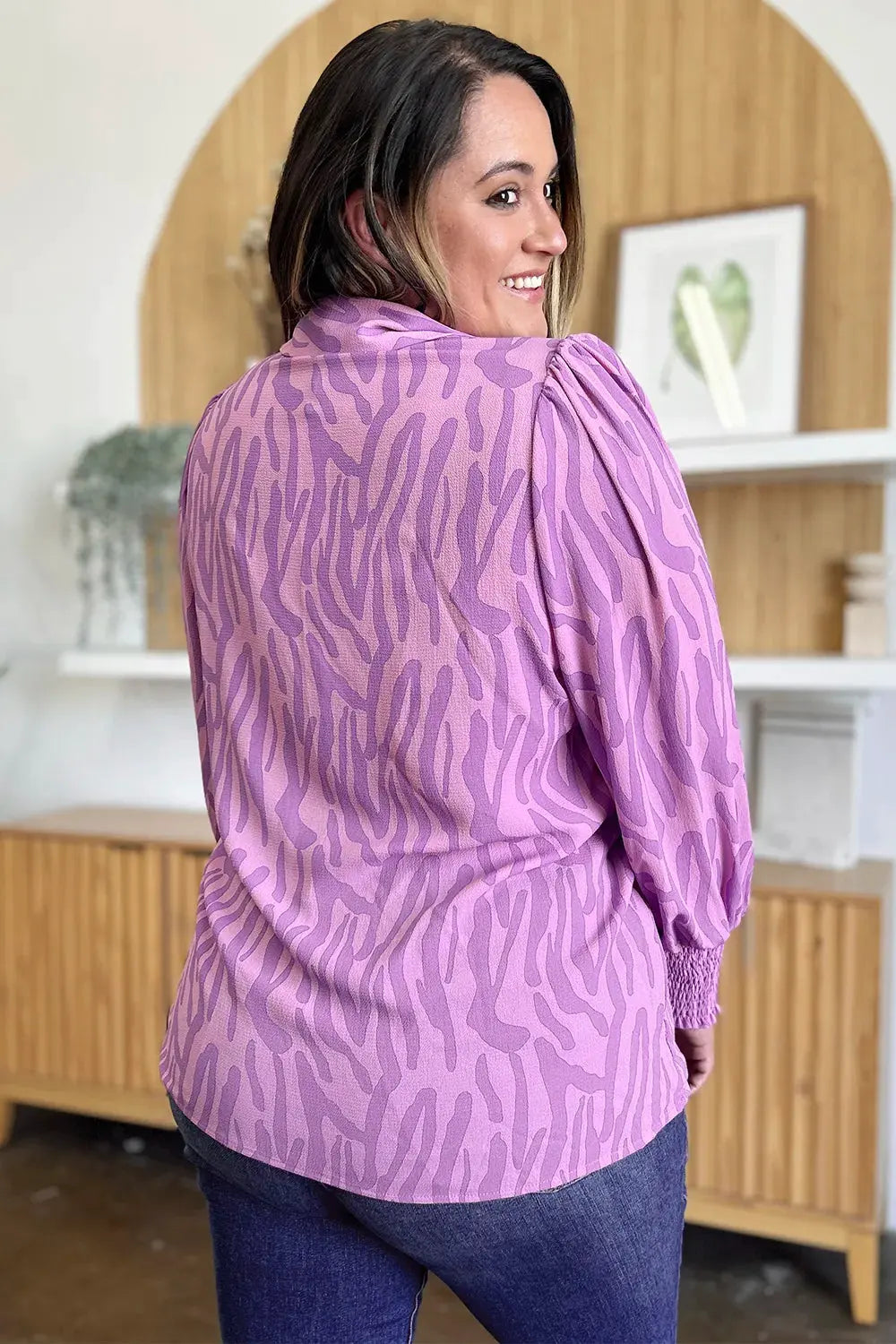 Double Take Full Size Printed Smocked Long Sleeve Blouse Plus Size by Double Take