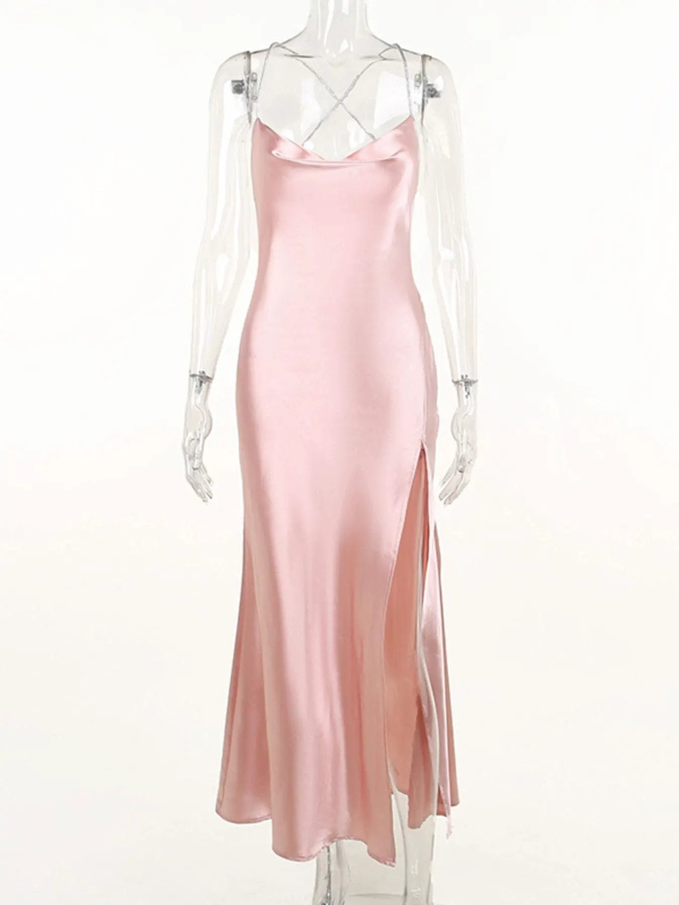 Slinky Satin Cowl Neck High Slit Dress with Back Lace Up by Partner Label
