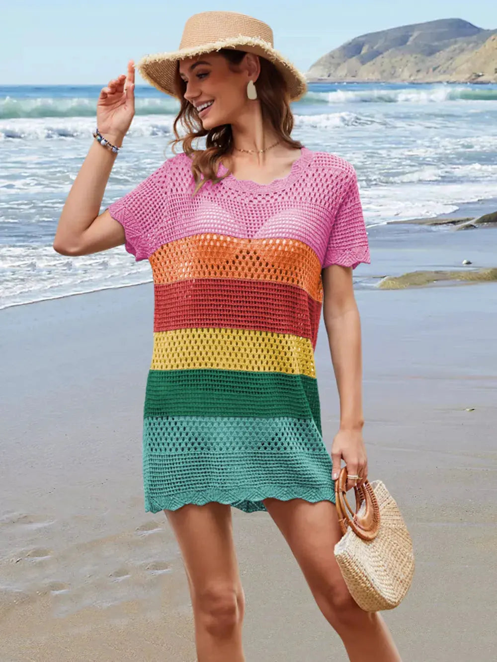 Openwork Round Neck Short Sleeve Cover-UP by Partner Labels