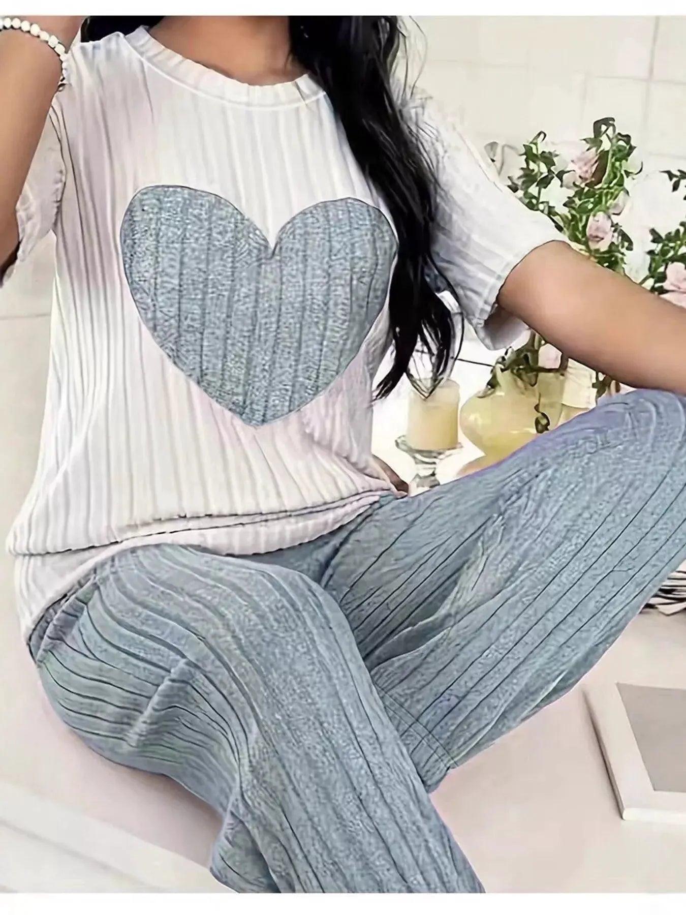 Heart Ribbed Knit Top and Pants Lounge Set by Partner Label