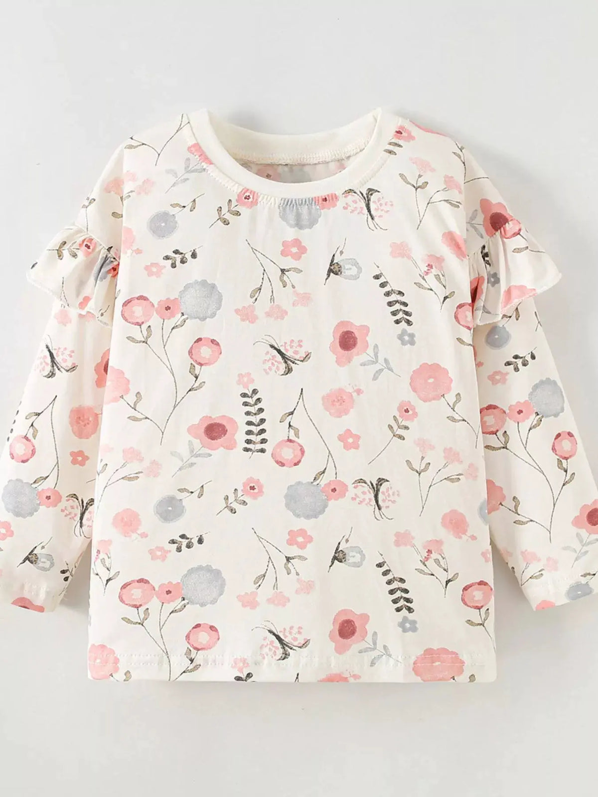 Children's Floral Print Ruffle-Sleeve Crew Neck Sweatshirt by Trendsi