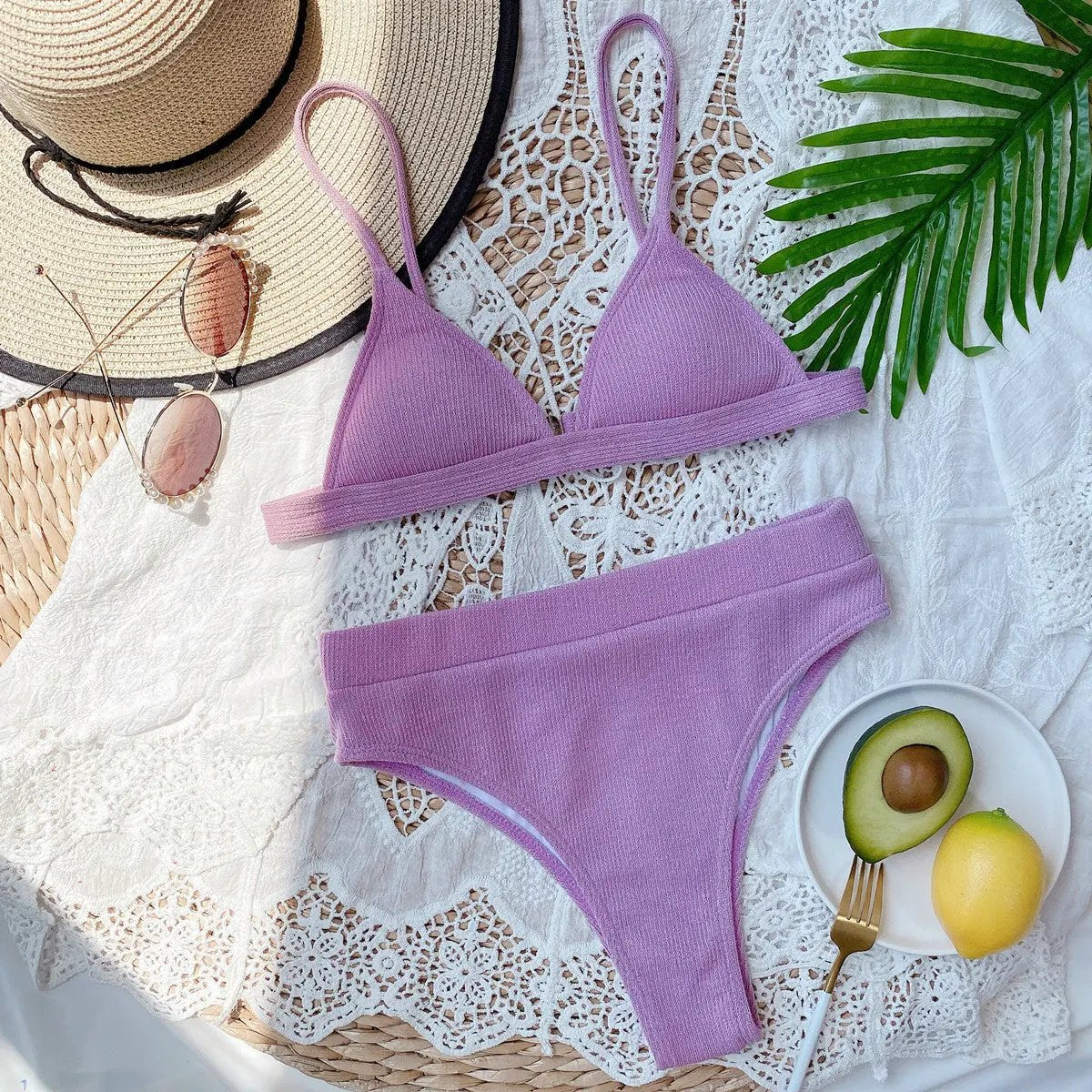 Spaghetti Strap Ribbed Bikini Set by Partner Label