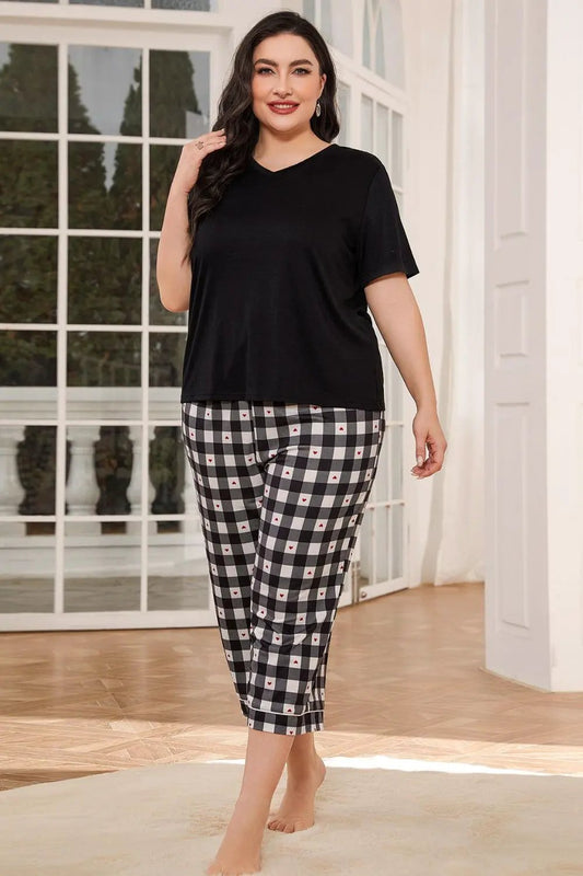 V-Neck Tee and Plaid Cropped Pants Lounge Set by Partner Label