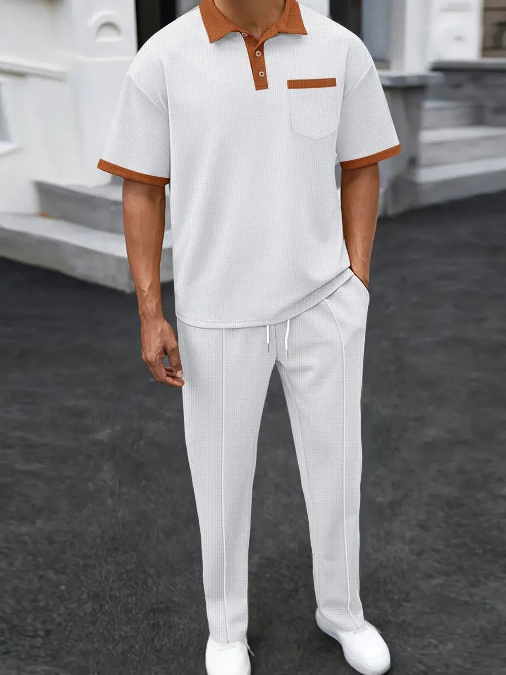 Men's Full Size Waffle-Knit Contrast Polo and Pants Set Plus Size by Trendsi