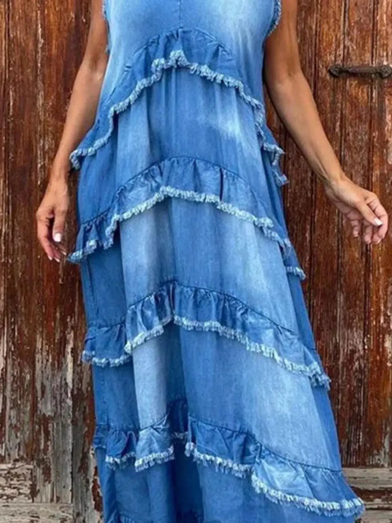 Raw Hem Layered Denim Maxi Dress by Partner Label