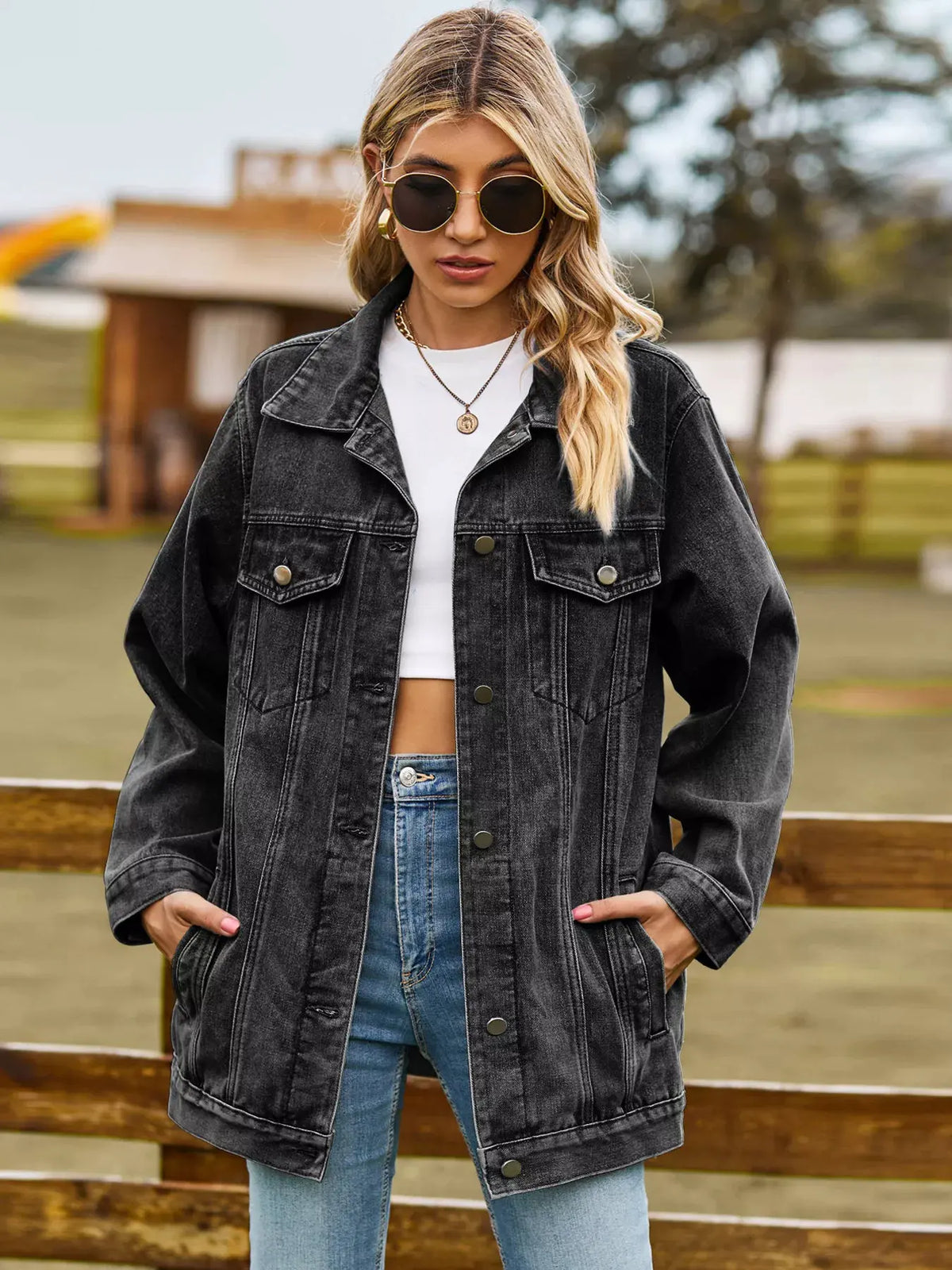 Button Up Long Sleeve Denim Jacket by Partner Label