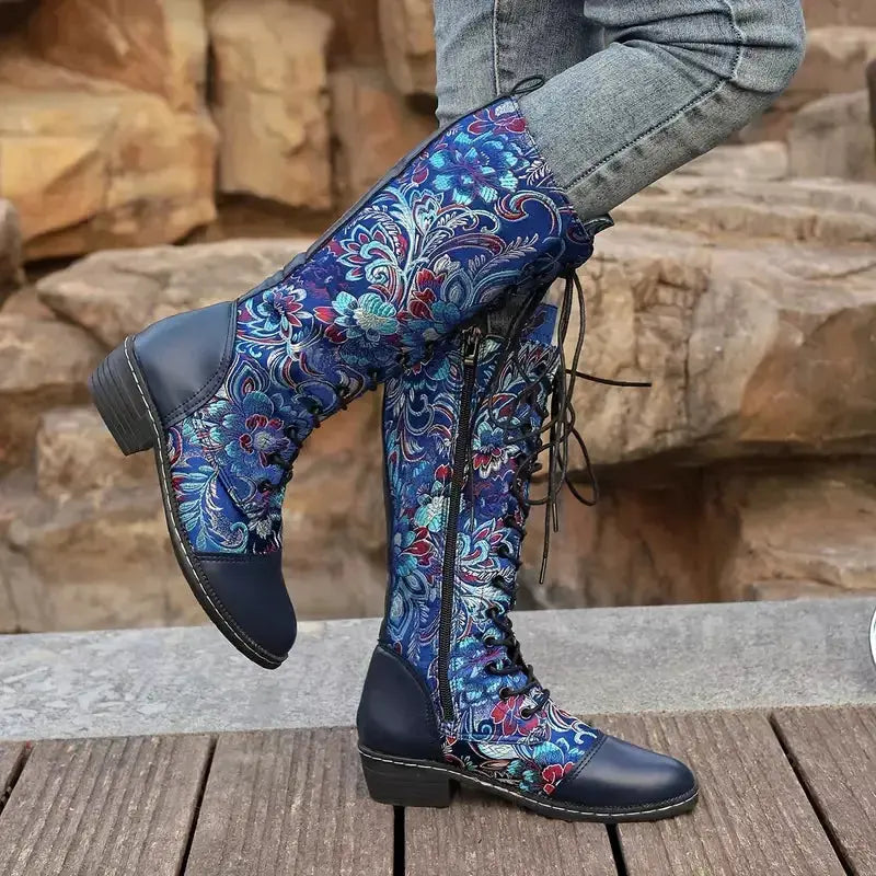 Embroidered Lace-Up Knee High Boots by Partner Label