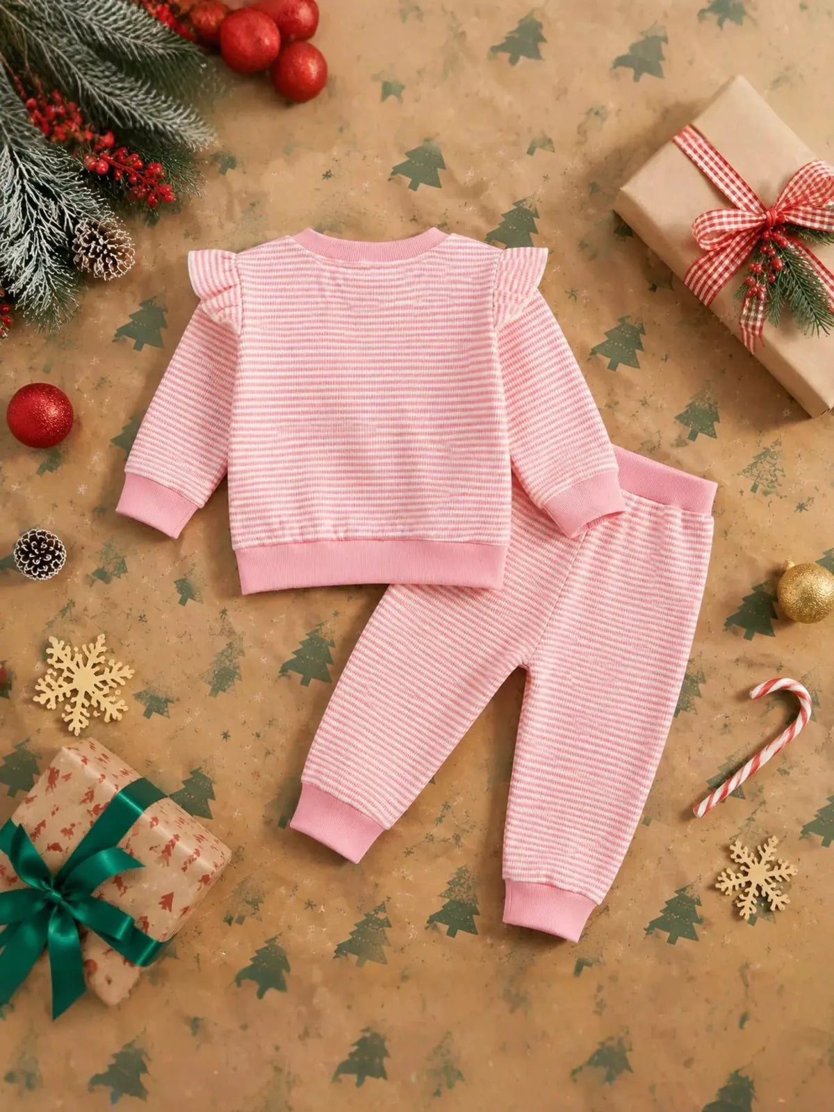 Children's Striped Christmas Tree Ruffle Pajama Set by Trendsi