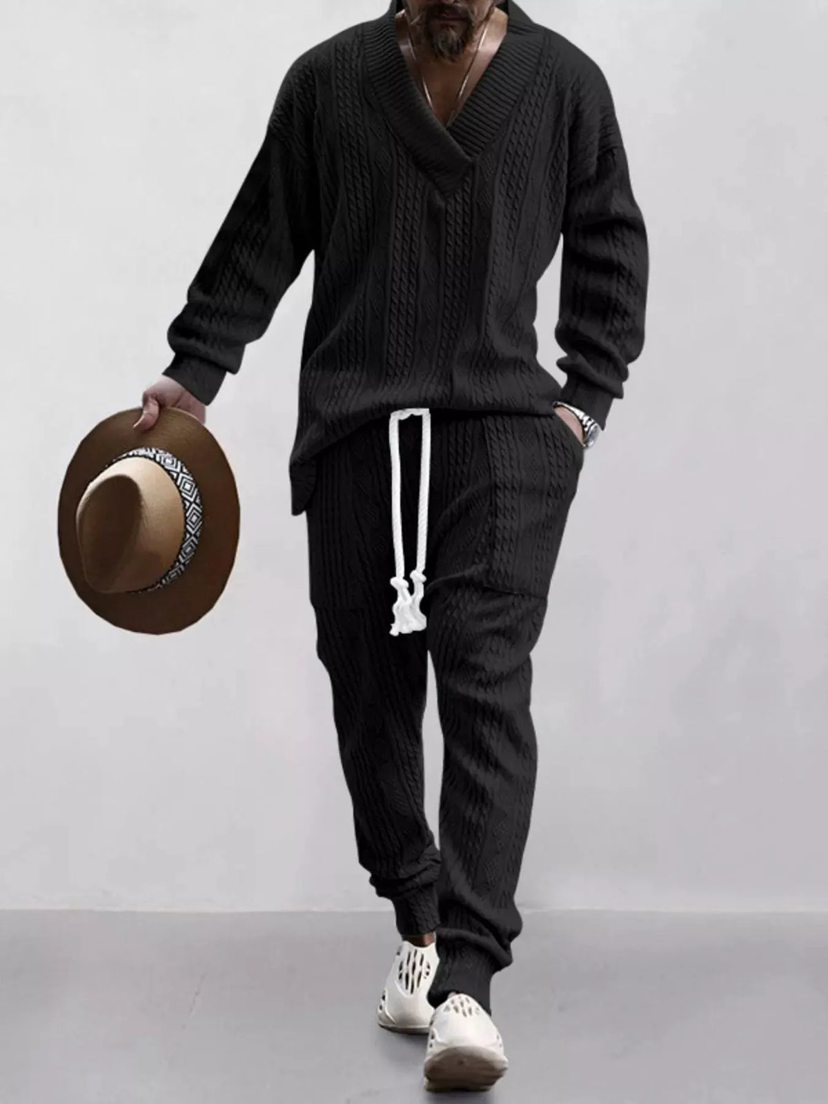 Men's Full Size Texture Knit Dropped Shoulder Top and Pants Set Plus Size by Trendsi