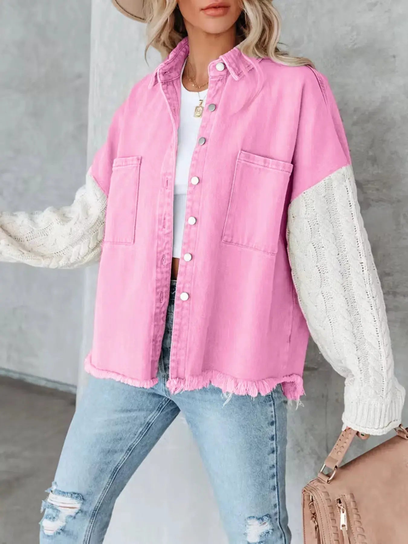 Full Size Raw Hem Button Up Patchwork Denim Jacket Plus Size by Partner Label