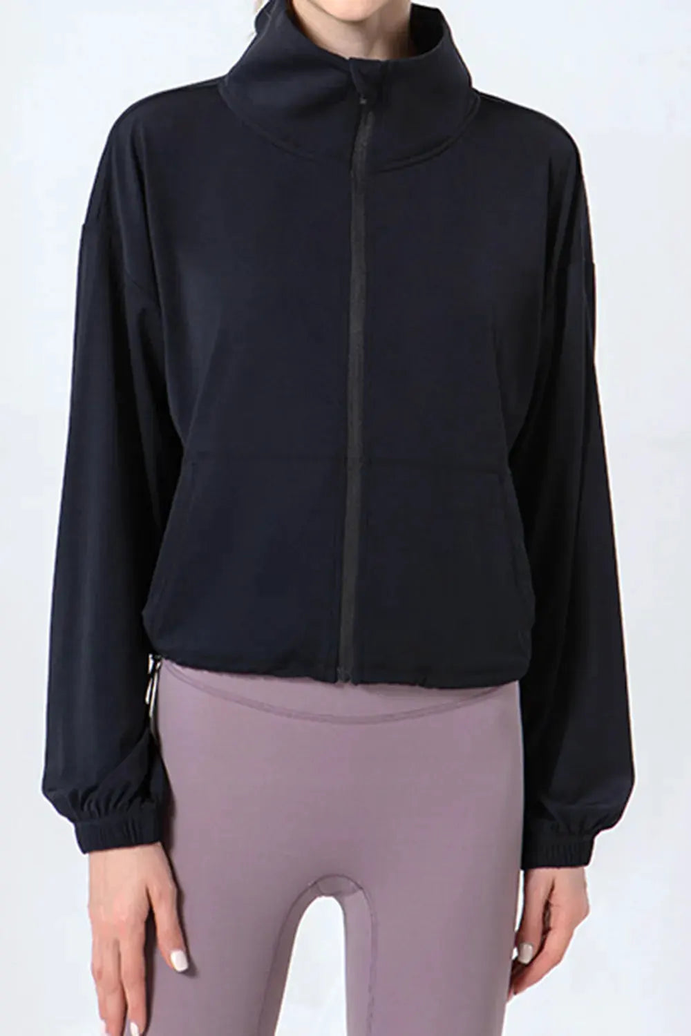 Drawstring Zip Up Dropped Shoulder Active Outerwear by Partner Label