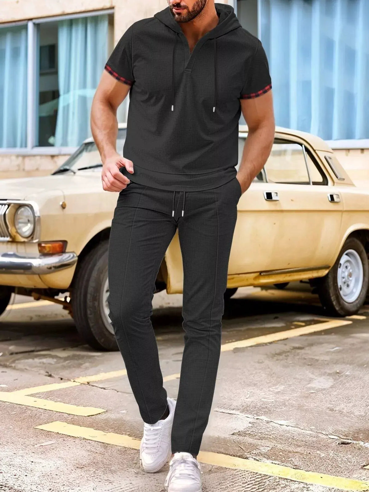 Men's Full Size Casual Short-Sleeve Hoodie and Pants Set Plus Size by Trendsi