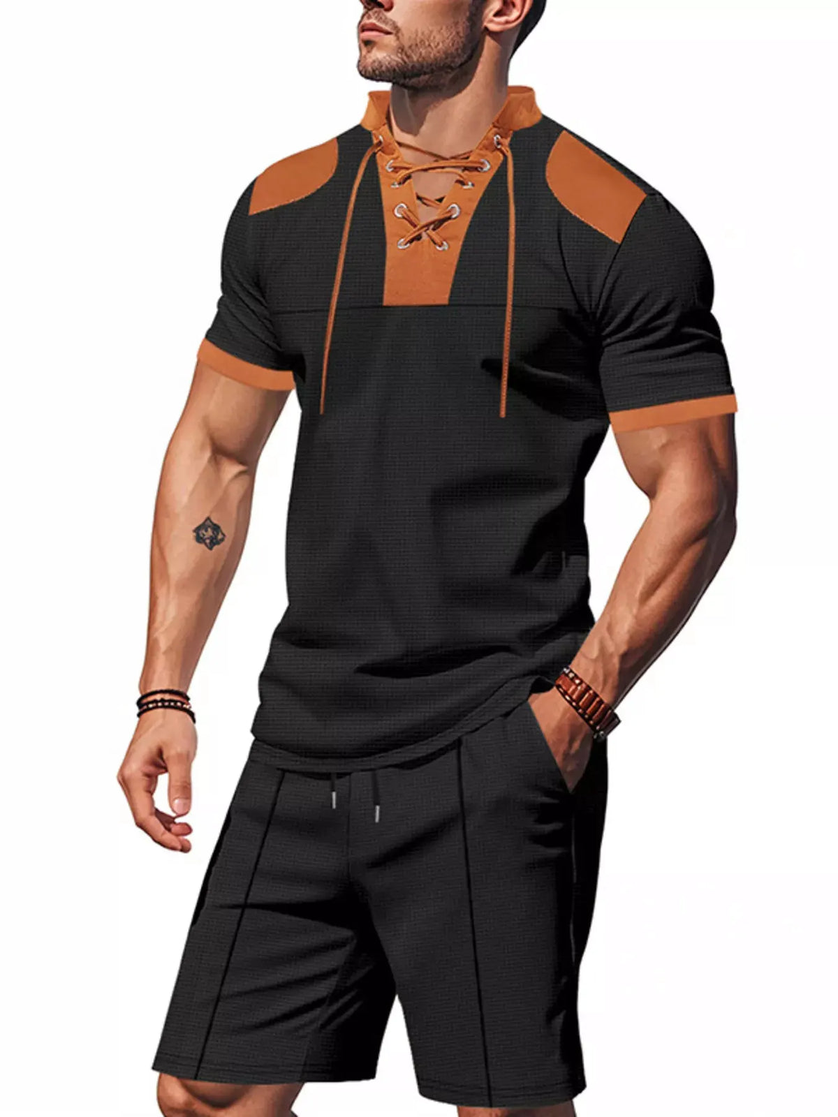 Men's Full Size Lace-Up Collar Casual Top and Shorts Set Plus Size by Trendsi