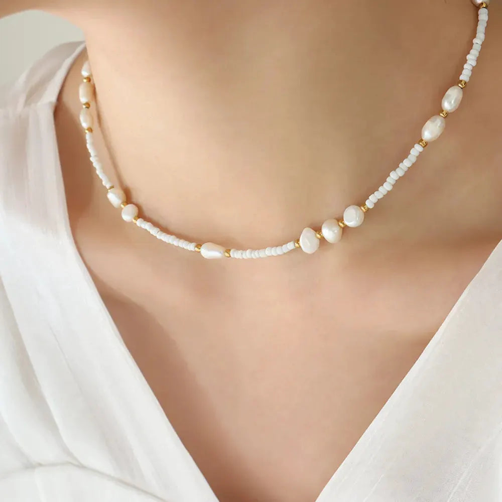 Titanium Steel Glass Bead Pearl Necklace by Partner Label