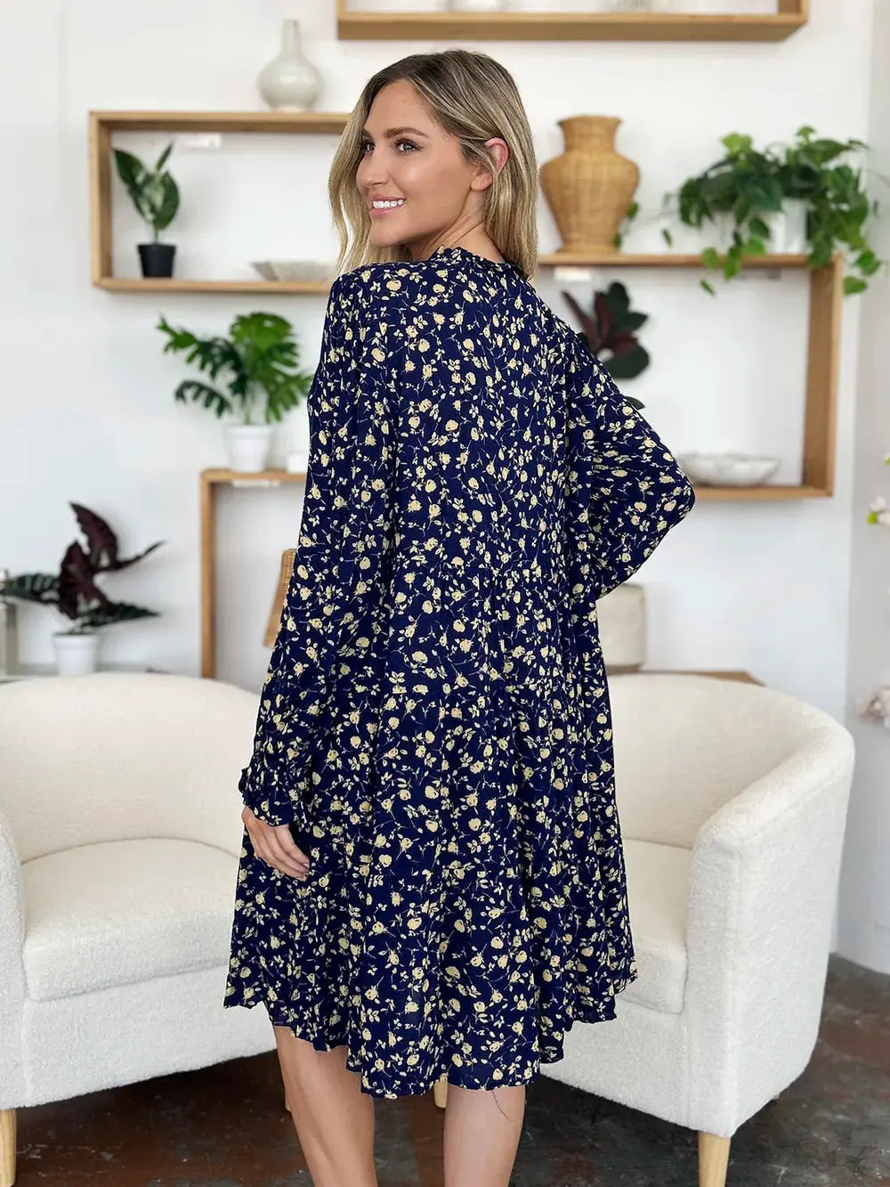 Double Take Full Size Printed Ruffle Hem Long Sleeve Tiered Dress by Double Take