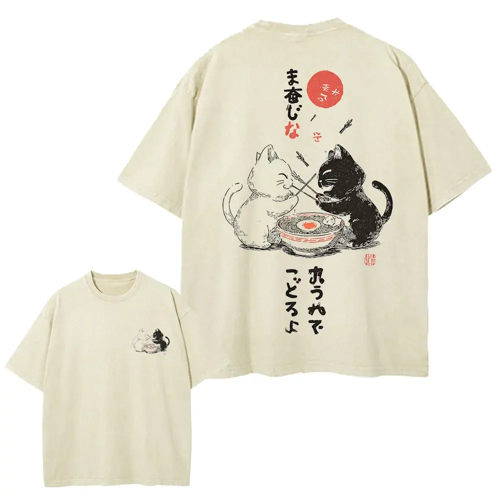 Japanese Cat Cartoon Graphic Baggy T-Shirt Men Streetwear by Vimost Shop