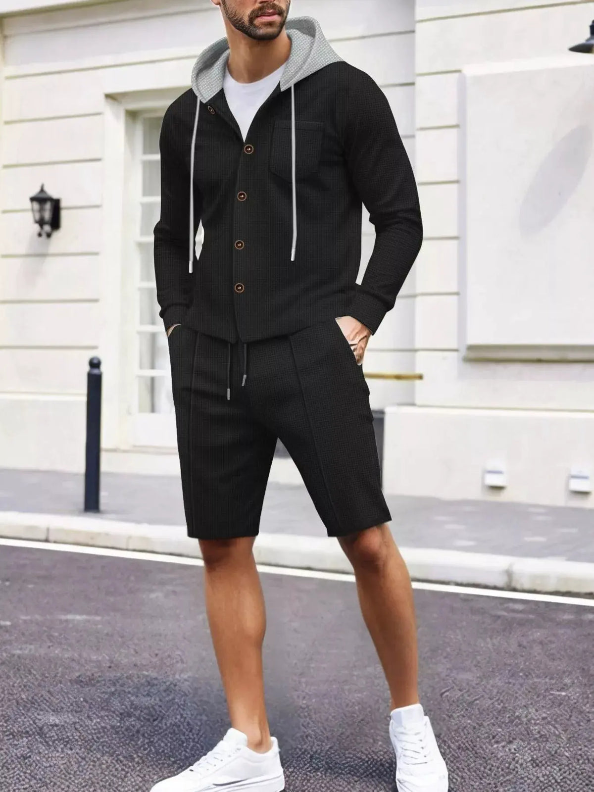 Men's Full Size Casual Hooded Button-Up Top and Shorts Set Plus Size by Trendsi