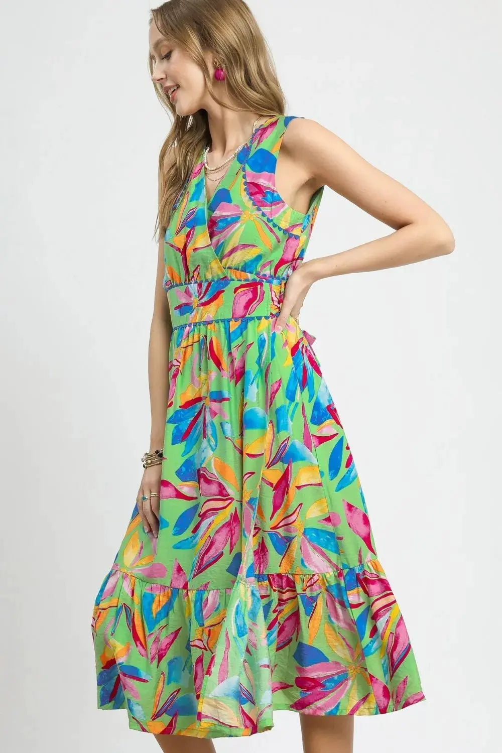 Umgee Ruffled Hem Printed Sleeveless Midi Dress by Umgee USA