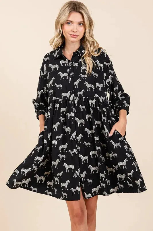 Mittoshop Zebra Print Button Down Shirt Mini Dress by Mittoshop