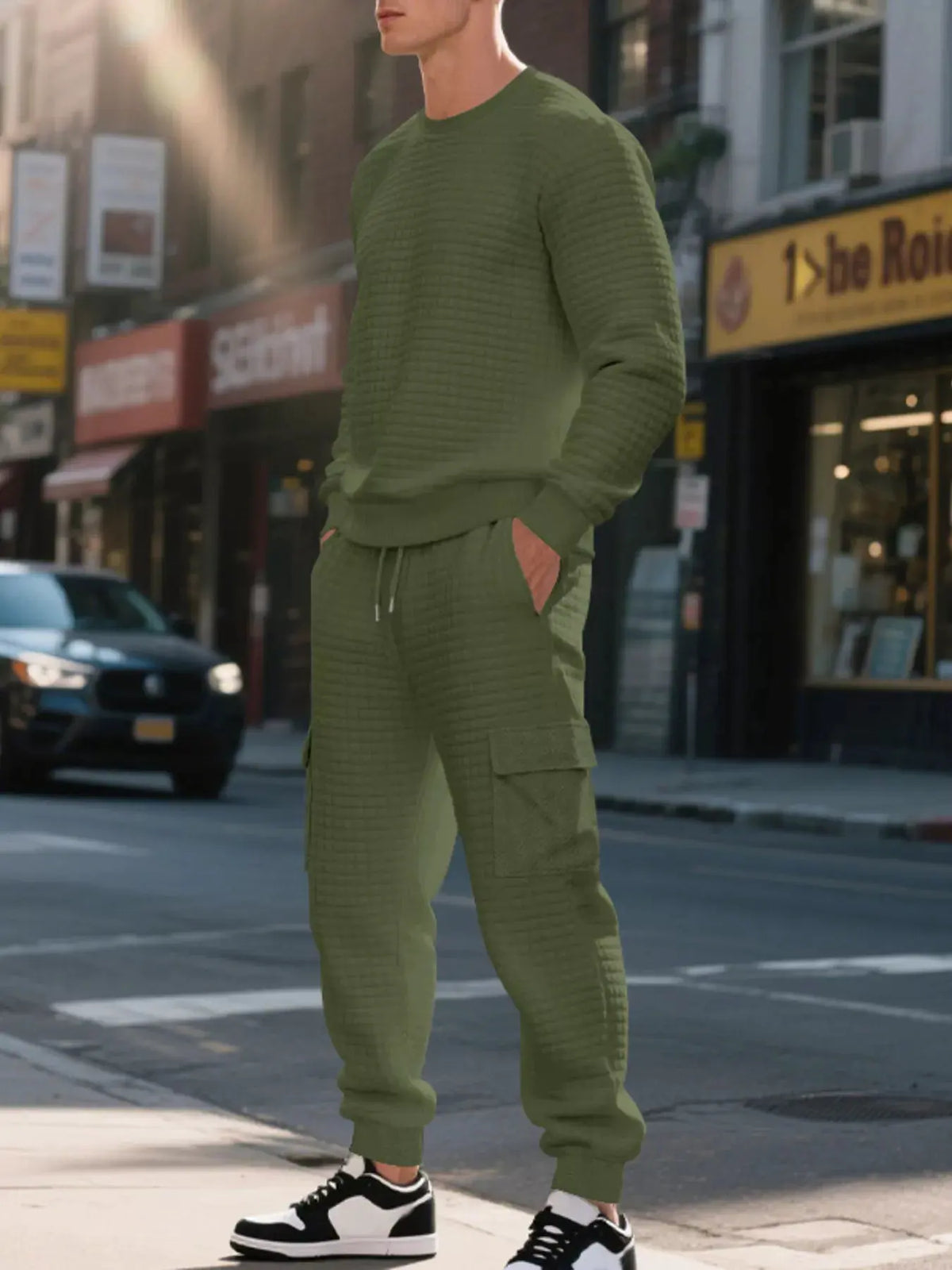 Men's Plus Size Waffle Knit Textured Crewneck Sweatshirt and Jogger Set by Trendsi