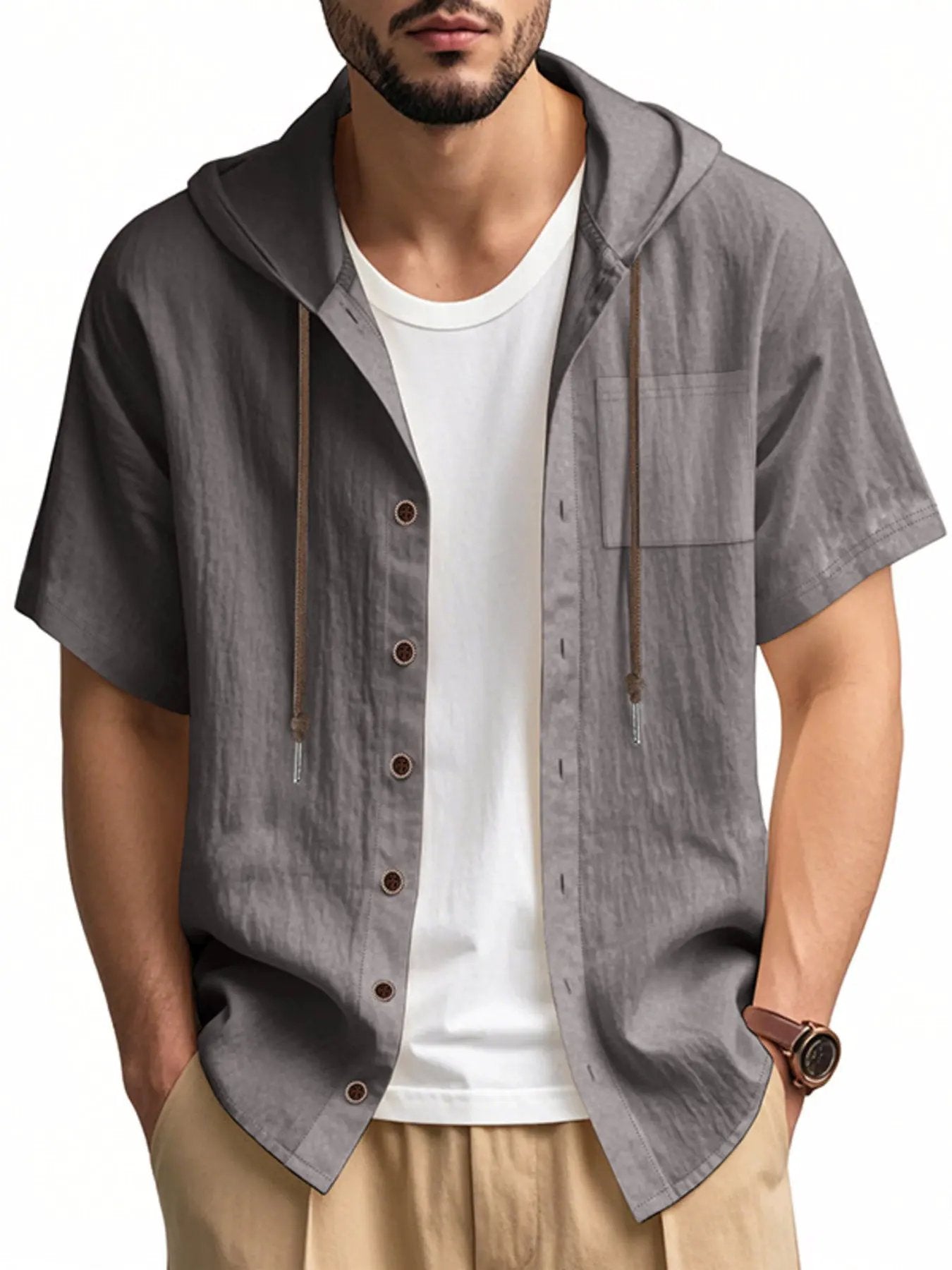 Men's Full Size Casual Hooded Short-Sleeve Shirt Plus Size by Trendsi