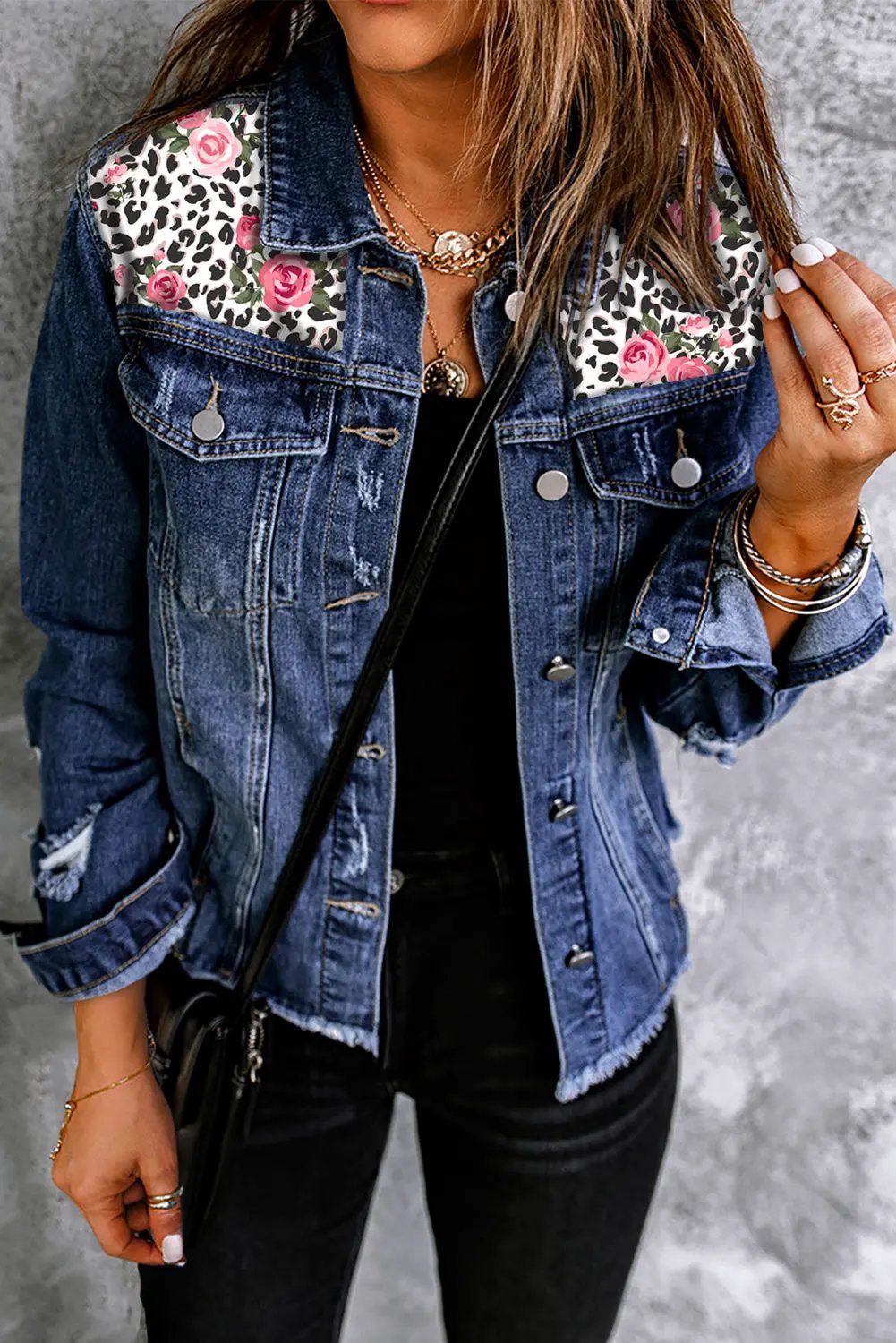 Mixed Print Distressed Button Front Denim Jacket by Partner Label