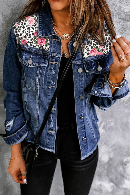 Mixed Print Distressed Button Front Denim Jacket by Partner Label