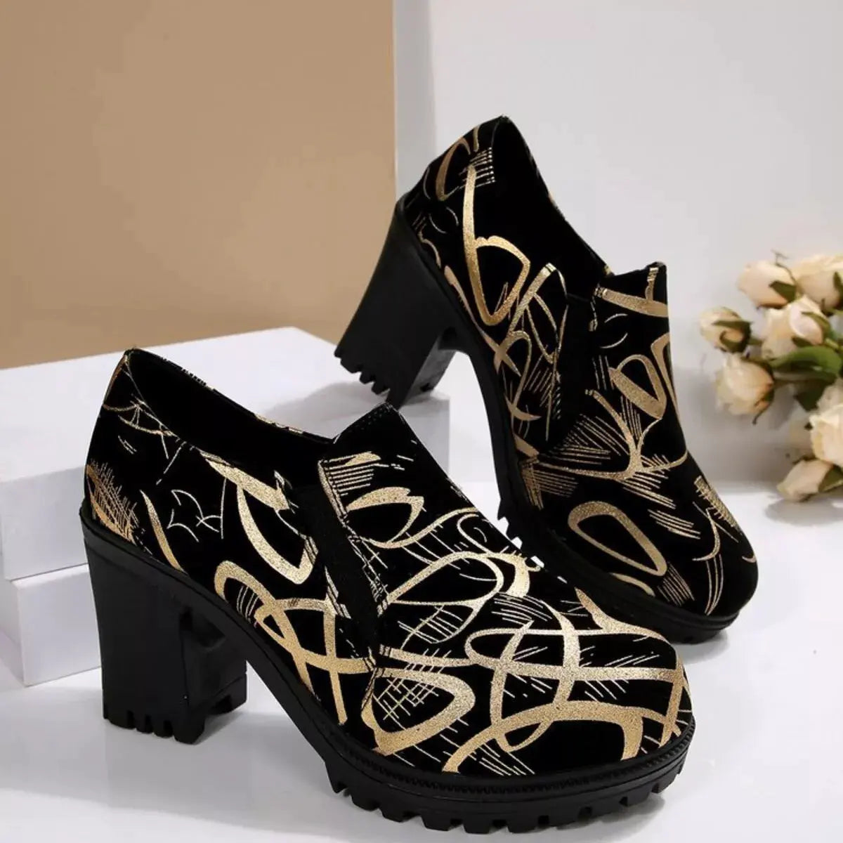 Round Toe Block Heels Pumps by Partner Label