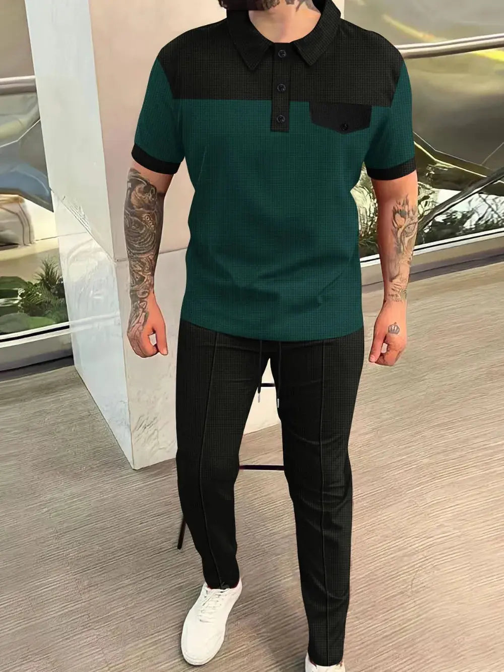 Men‘s Full Size Waffle-Knit Contrast Top and Pants Set Plus Size by Trendsi