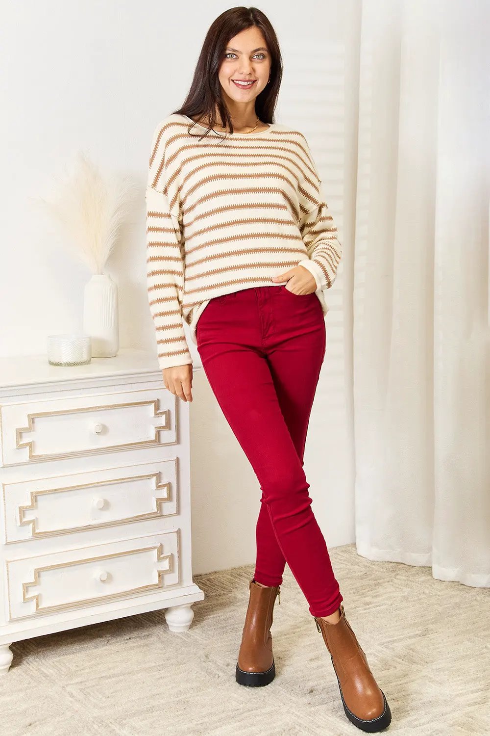 Double Take Striped Boat Neck Sweater by Double Take