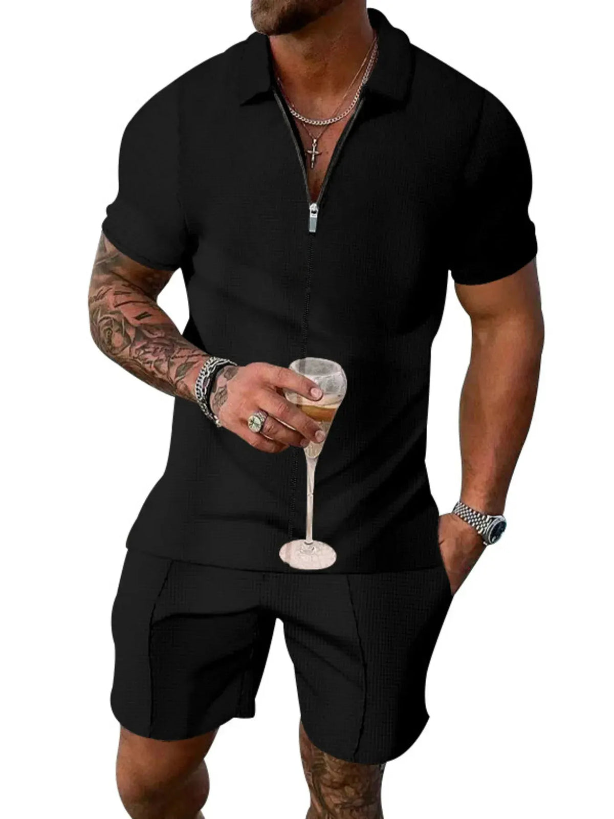 Men's Plus Size Zip Up Short Sleeve Top and Shorts Set by Trendsi