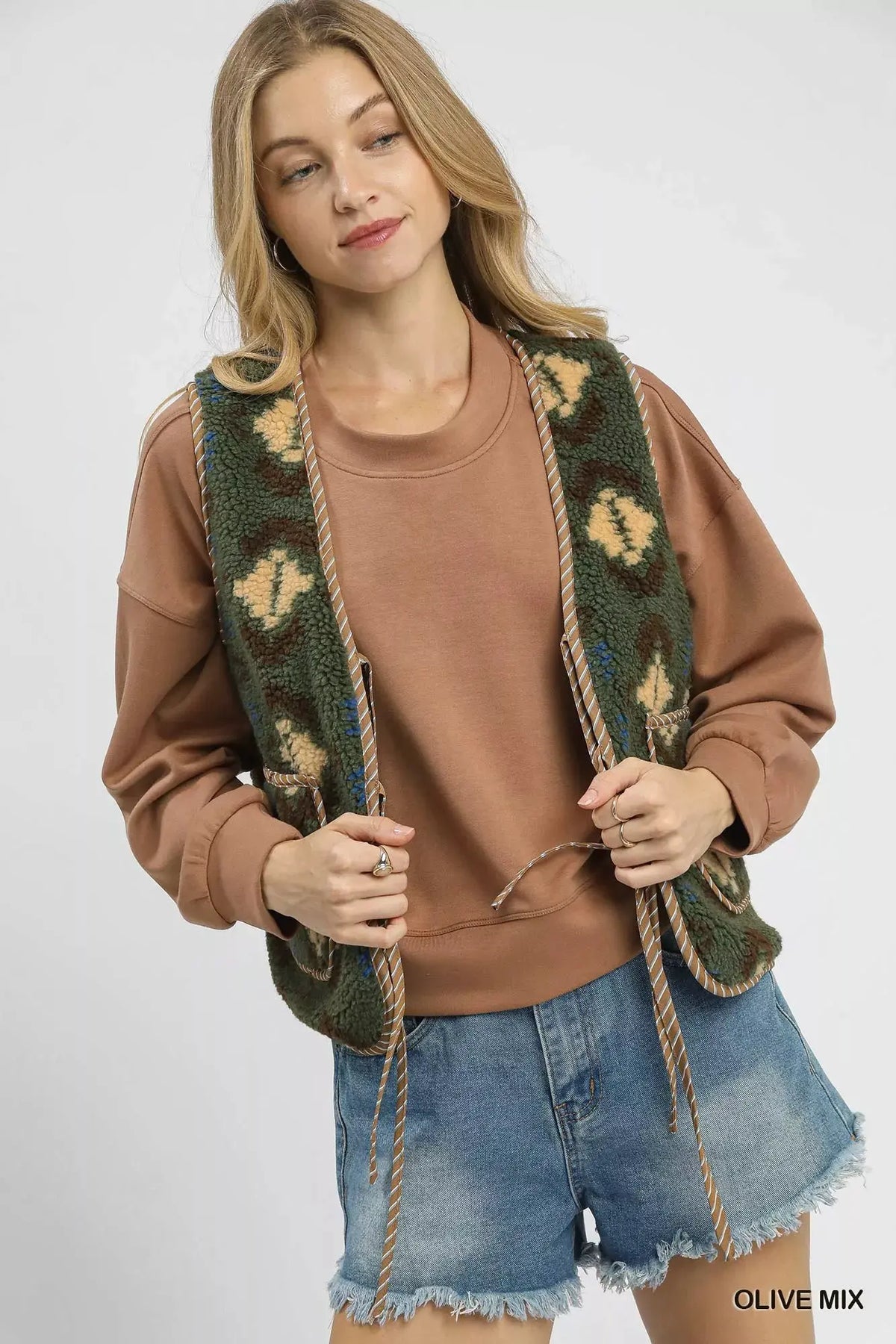 Umgee Mix Patterned Sherpa Tie-Front Vest by Umgee